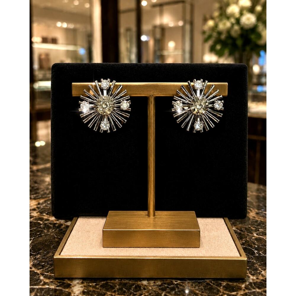 Vintage Atomic Starburst Rhinestone Clip-On Earrings Mid-Century Modern